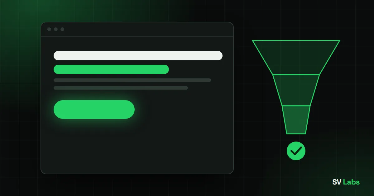 Ilustración de una landing page con un botón de acción y un embudo de conversión