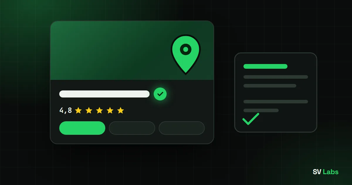 Ilustración de la ficha verificada de un negocio en Google con pin, estrellas y botones