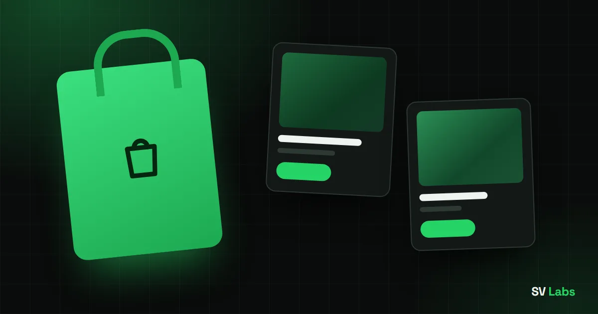 Ilustración de una bolsa de compras y tarjetas de producto de una tienda virtual